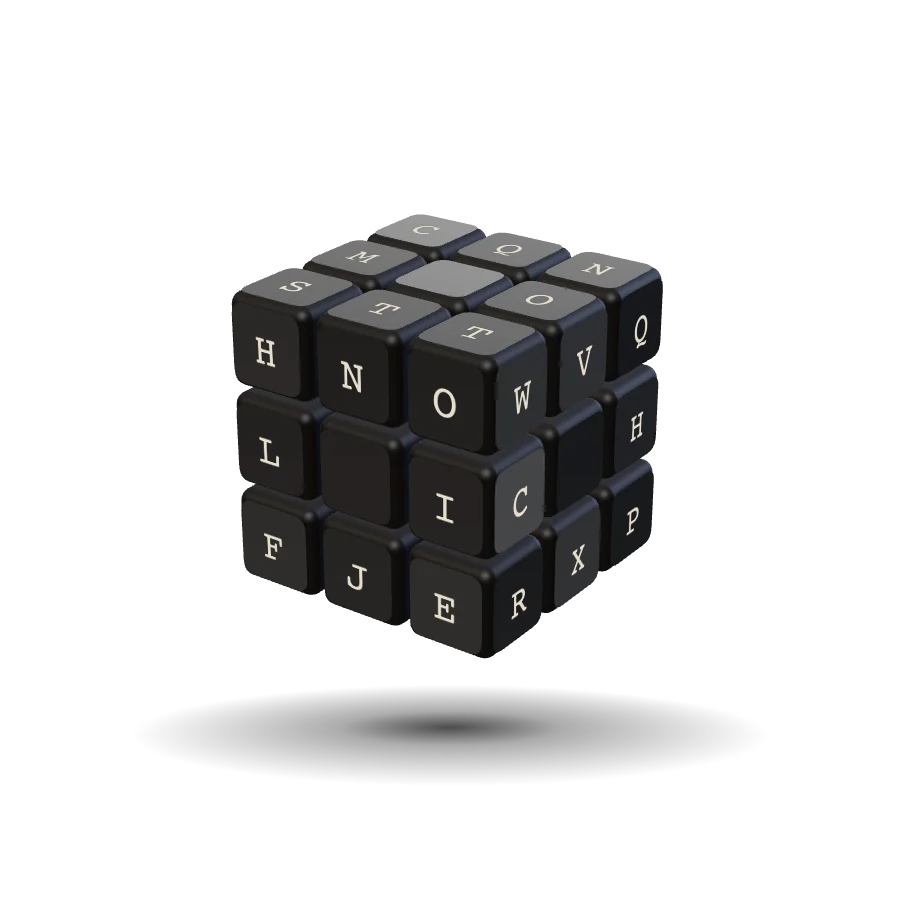 Le 3×3 mélangé, assombri, chaque facette portant sa lettre Speffz.