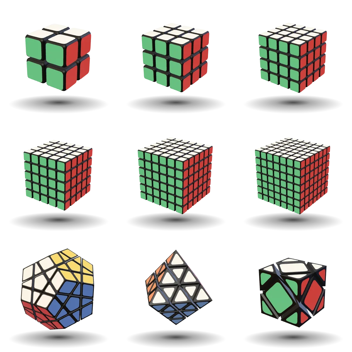 Les neuf puzzles résolus, côte à côte : 2×2, 3×3, 4×4, 5×5, 6×6, 7×7, Megaminx, FTO et Skewb.